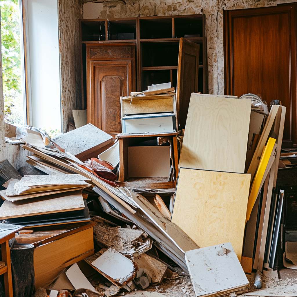 Cluttered room with scattered furniture and books