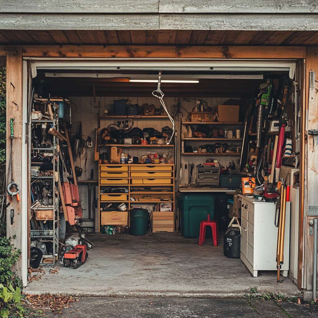 Open garage filled with various tools and storage units