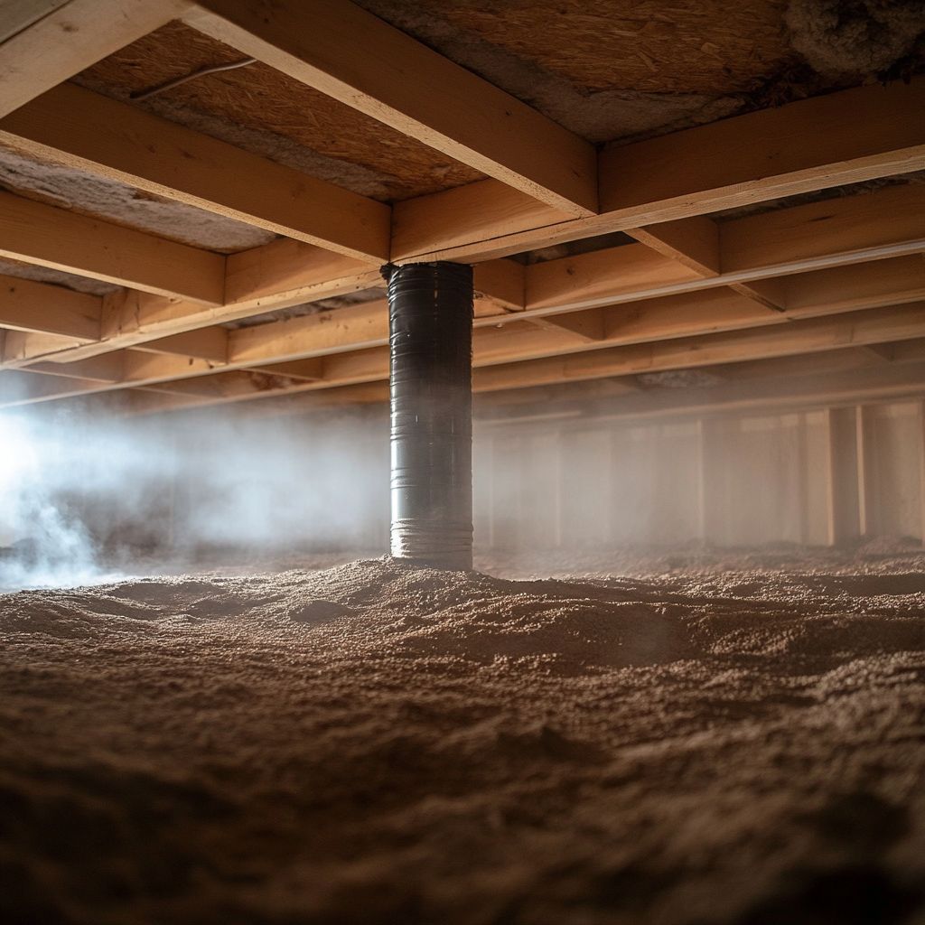 Misty crawl space under house with support beams.