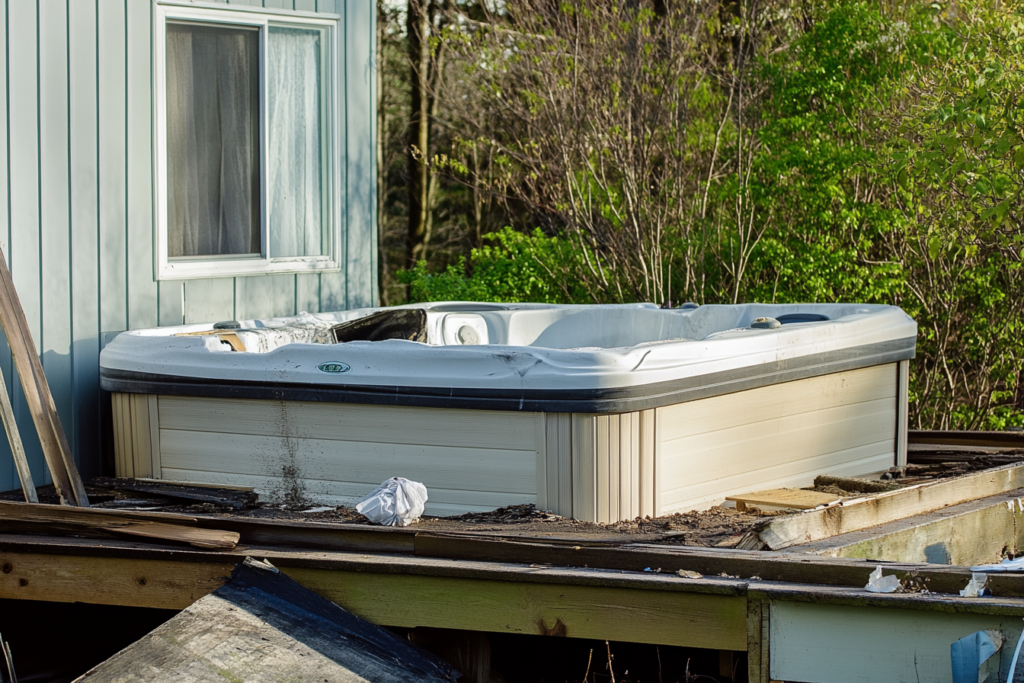 Abandoned hot tub beside a house, surrounded by debris