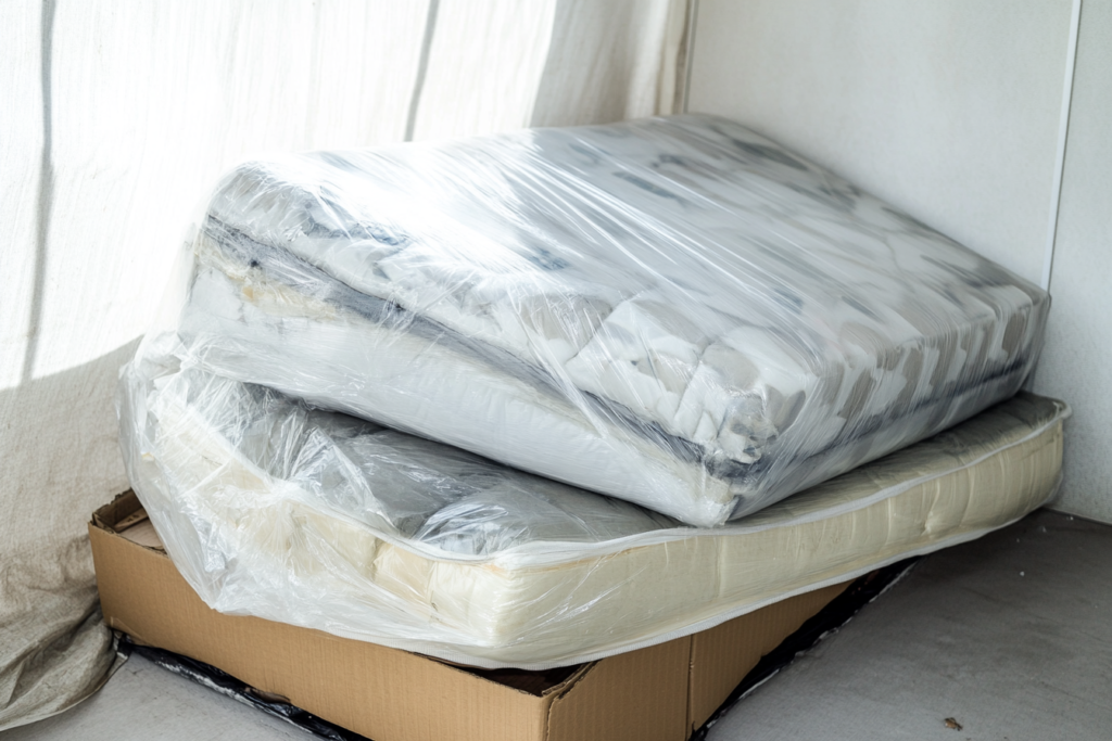Vacuum-sealed mattress on cardboard box